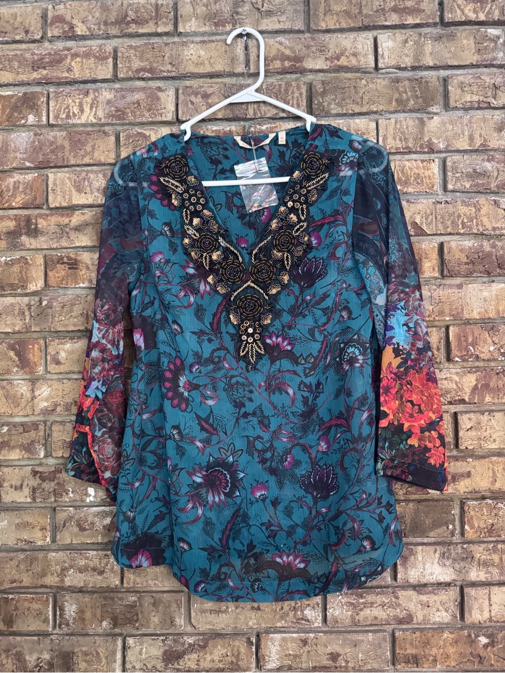 Soft Surroundings Teal Floral Embroidered V-Neck Blouse